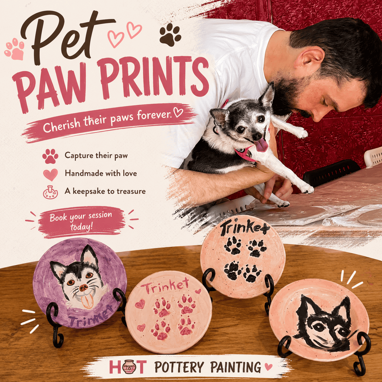Pet paw print keepsake session at Hot Pottery Painting in Coquitlam, BC, featuring custom ceramic paw print plates and hand-painted pet portraits.