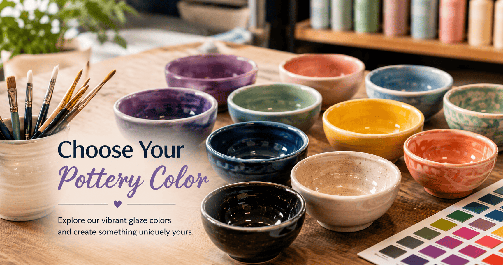 Colorful finished pottery bowls and glaze color chart for pottery painting