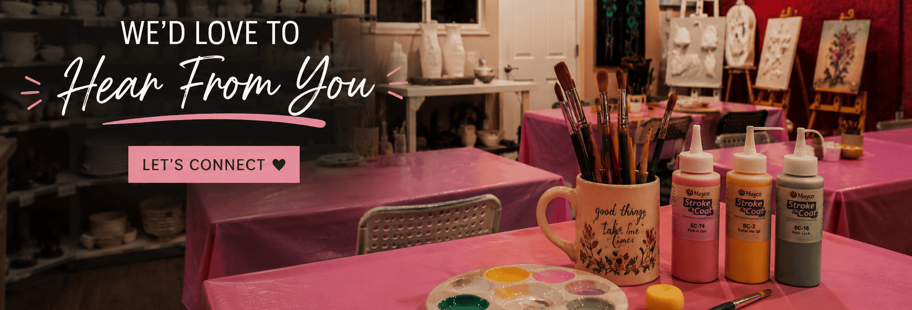 Pottery painting studio in Coquitlam, BC with pottery painting tables, Mayco colors, brushes, and creative workspace at Hot Pottery Painting.