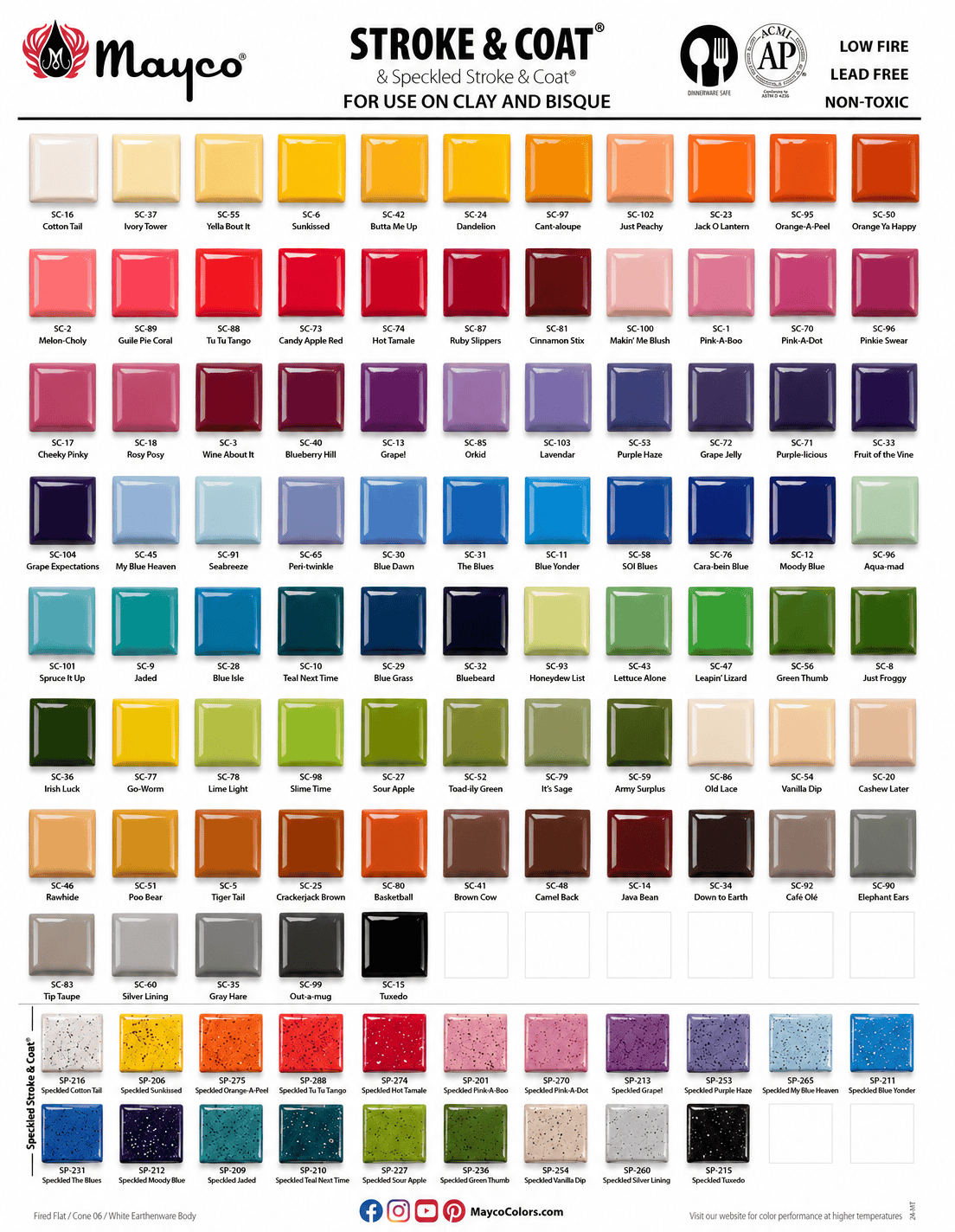 Mayco Stroke and Coat pottery color chart for pottery painting at Hot Pottery Painting Coquitlam