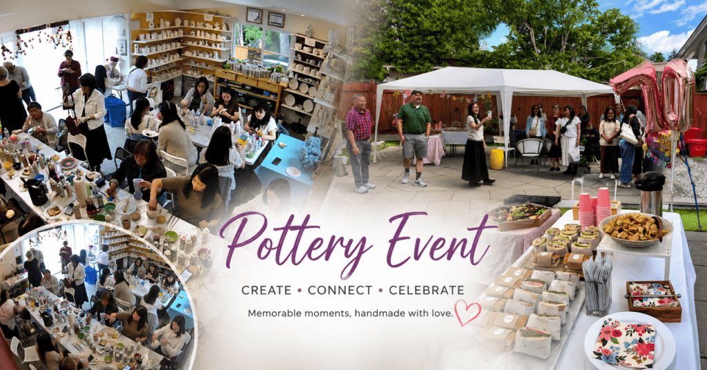 Guests enjoying a private pottery painting event at Hot Pottery Painting studio in Coquitlam, BC.